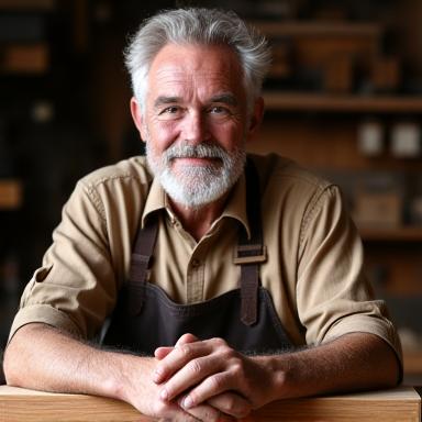 Portrait of a seasoned master craftsman with kind eyes and hands showing signs of working with wood, wearing a work apron.